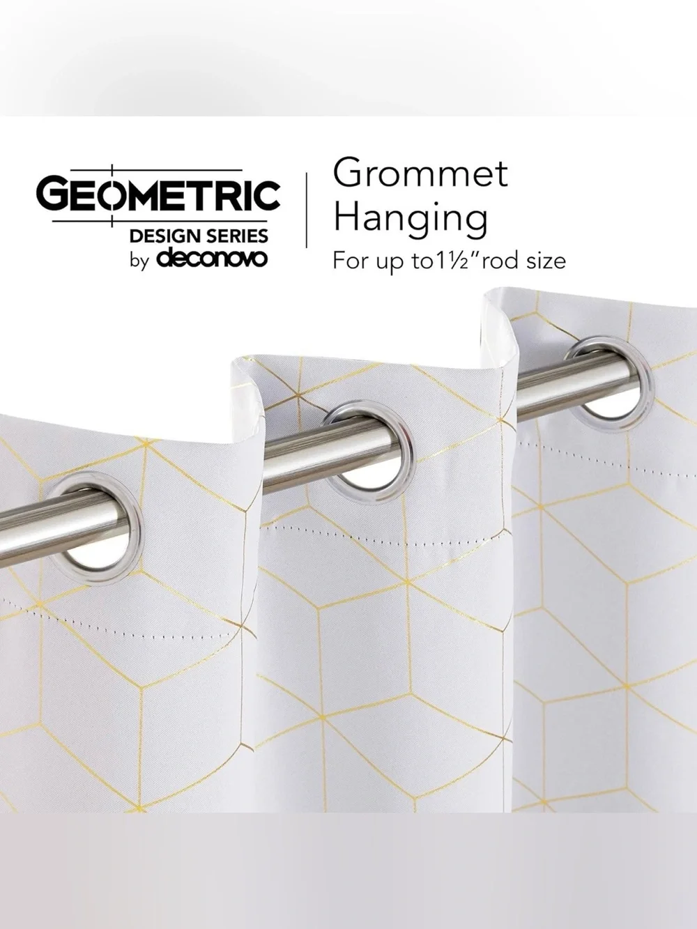 Geometric Grommet Curtain Panels - Light Gray with Gold Lines